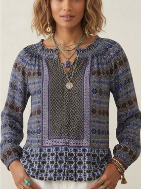 LUCKY BRAND- Blue & Black Mixed Print Peasant Top